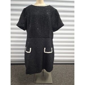 NEW NOVA LUXE Black Sequin Embellished Dress 2X Pearl Collar Short Sleeve Party
